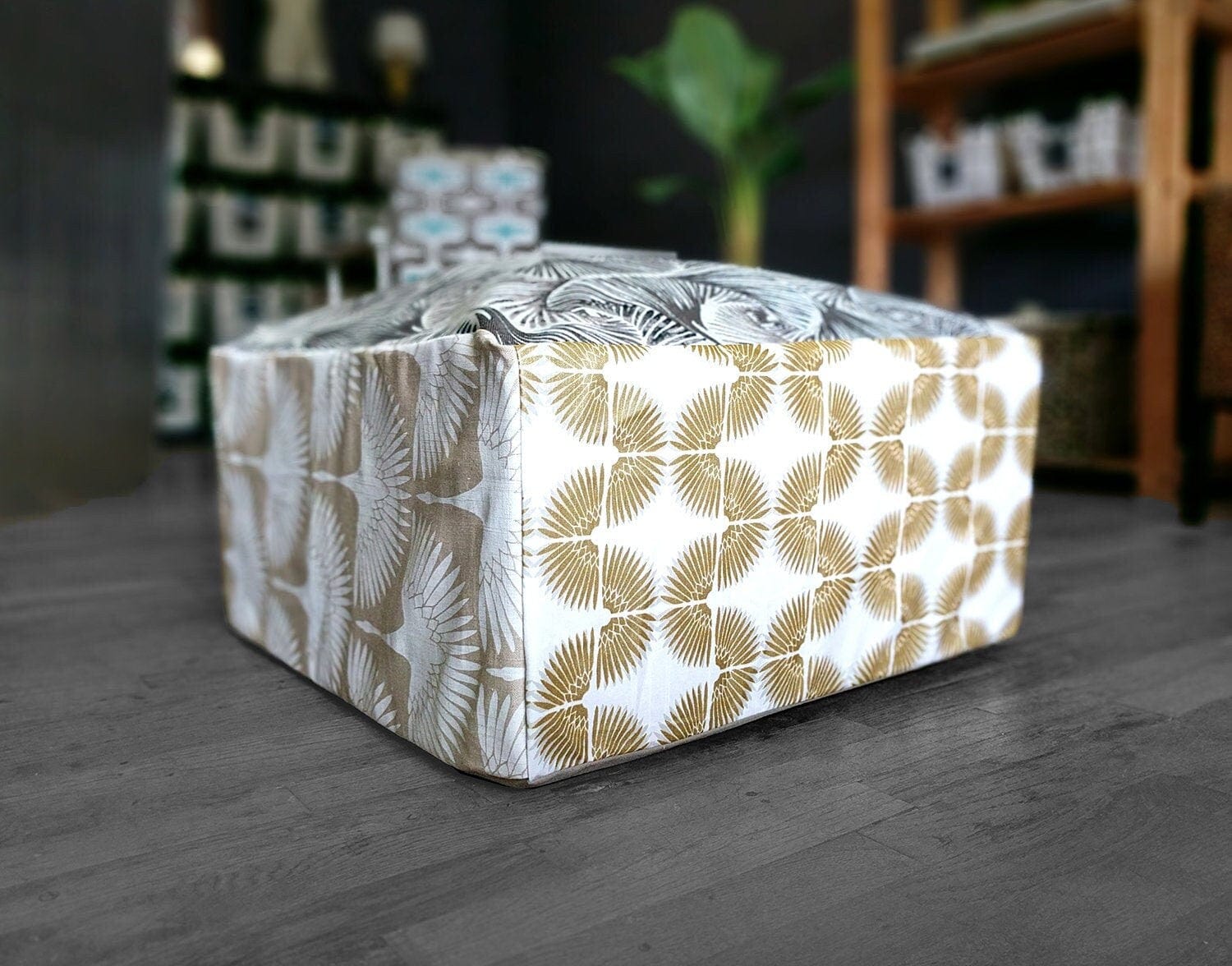 Rockin Cushions SALE Bean Bag Pouf Cover, Ottoman Neutral Tones, Gold Patterned